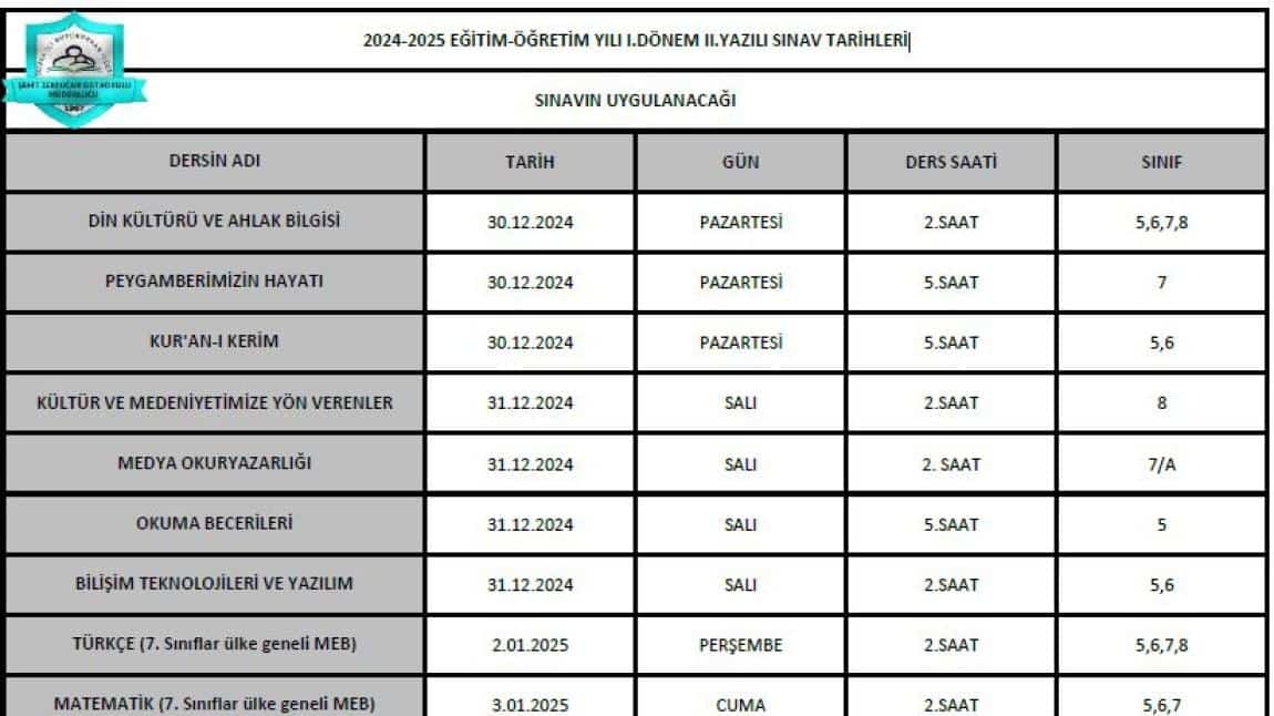 2024-2025 EĞİTİM-ÖĞRETİM YILI I.DÖNEM II.YAZILI SINAV TARİHLERİ